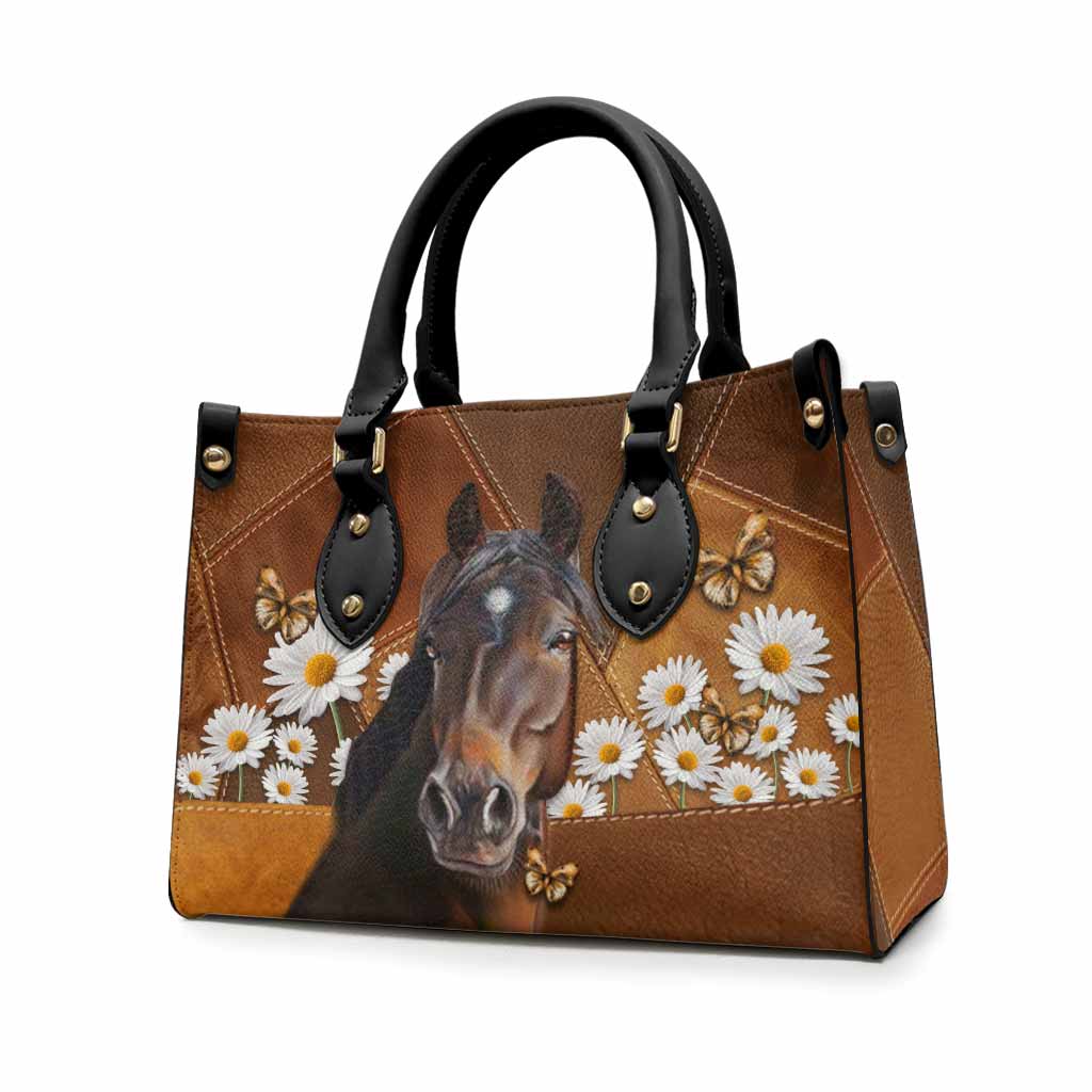 Horse With Daisies - Horse Riding Lover - Horse Owner Leather Handbag 0921