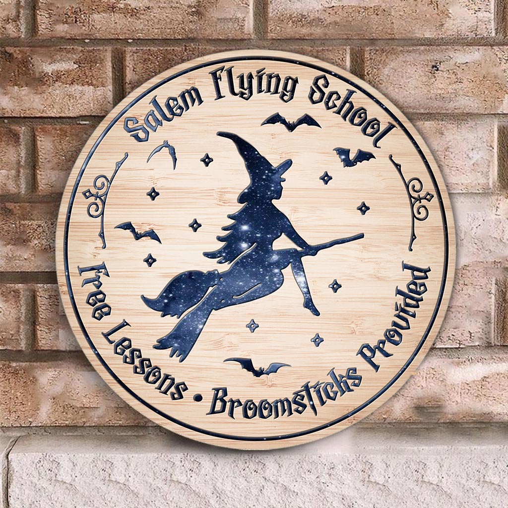 Salem Flying School - Witch Round Wood Sign