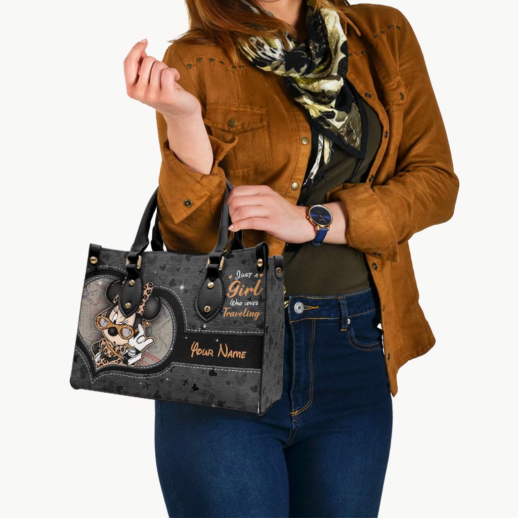 Just A Girl Who Loves Traveling Vintage Passport Stamp - Personalized Travelling Leather Handbag