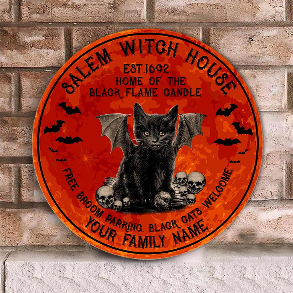 Salem Witch House - Black Cat Personalized Round Wood Sign