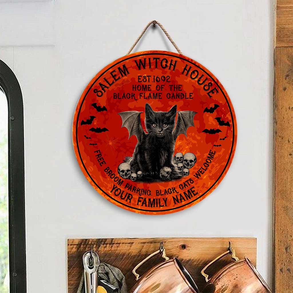Salem Witch House - Black Cat Personalized Round Wood Sign