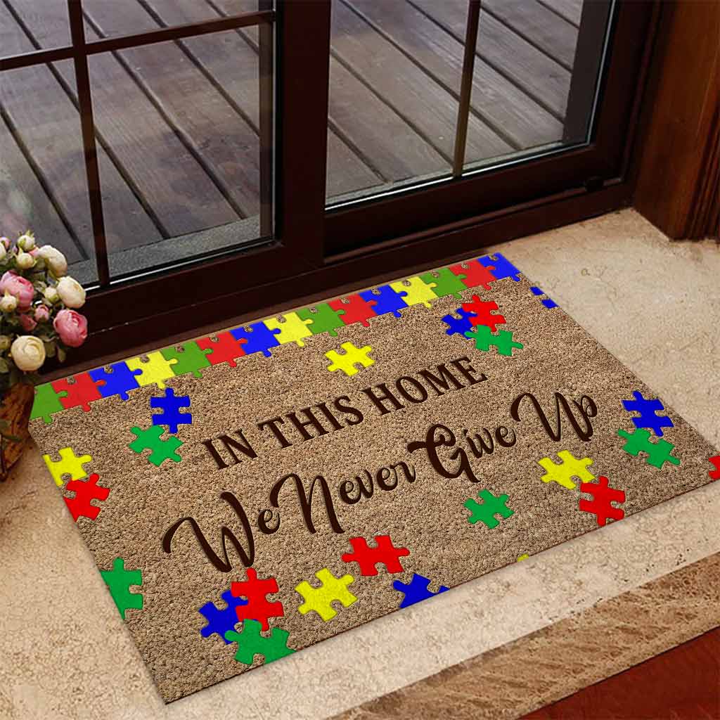 In This Home We Never Give Up - Autism Awareness Coir Pattern Print Doormat