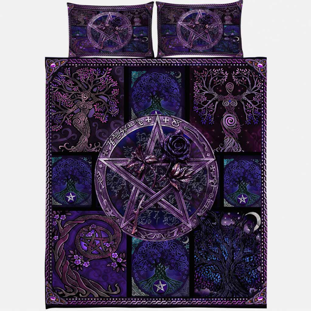 Ace Of Pentacles Purple Rose Pentagram Witch Quilt Set