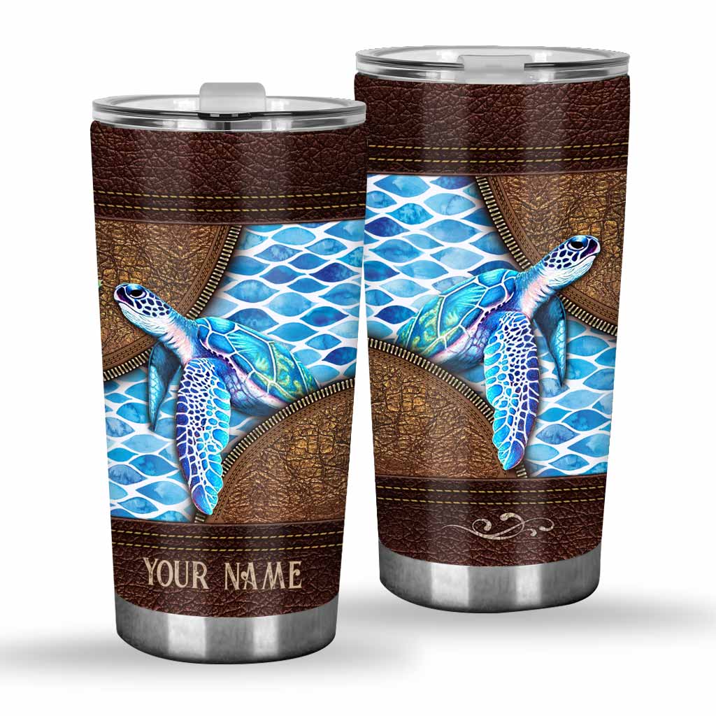 Salty Lil' Beach - Turtle Personalized Leather Pattern Print Tumbler