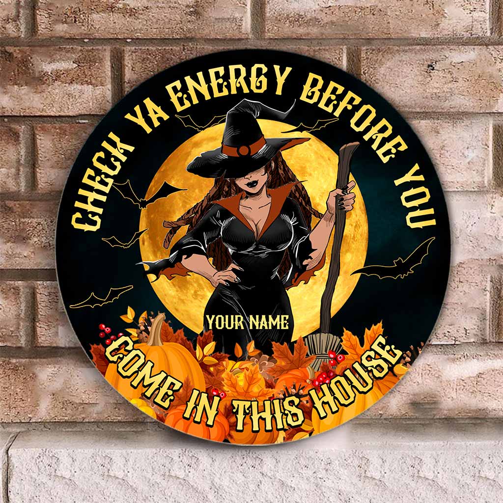 Check Ya Energy - Witch Personalized Round Wood Sign