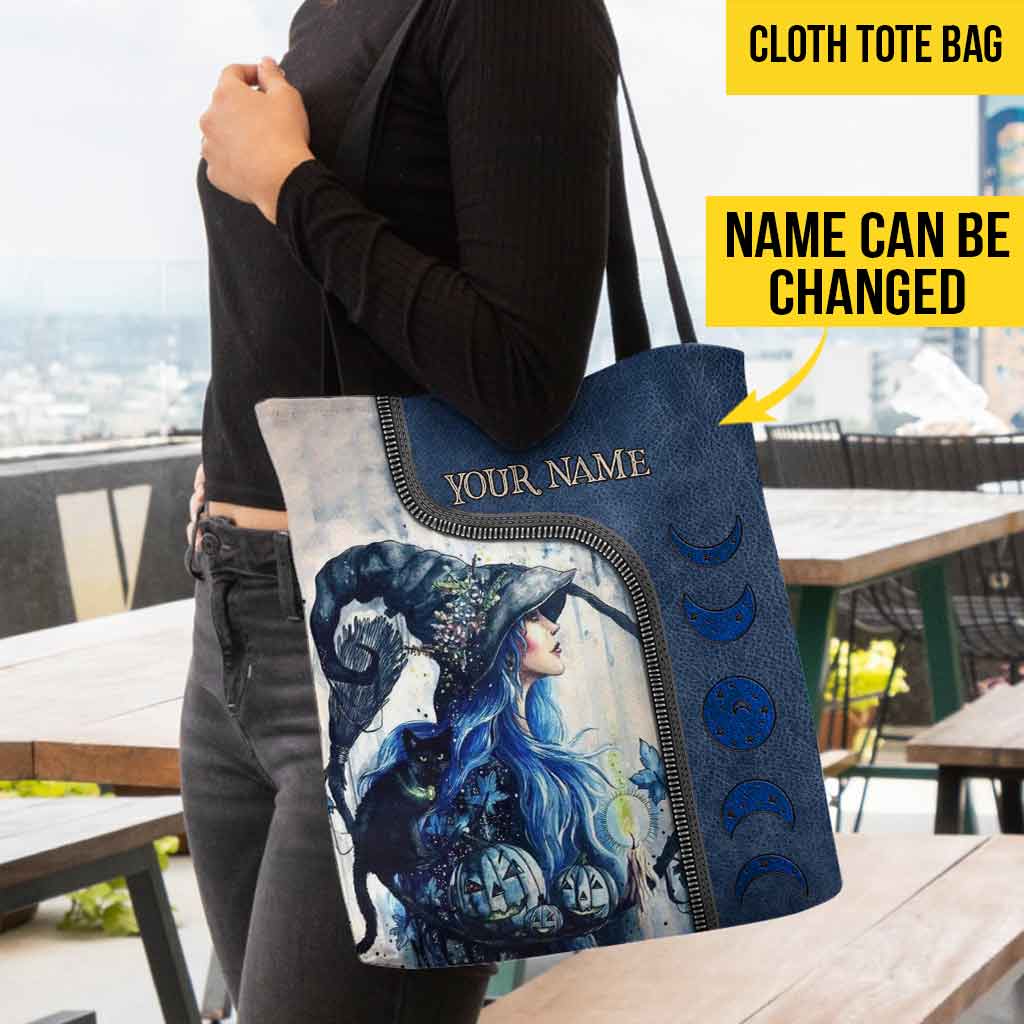 Blue Witch Black Cat Moon Phases Personalized Tote Bag