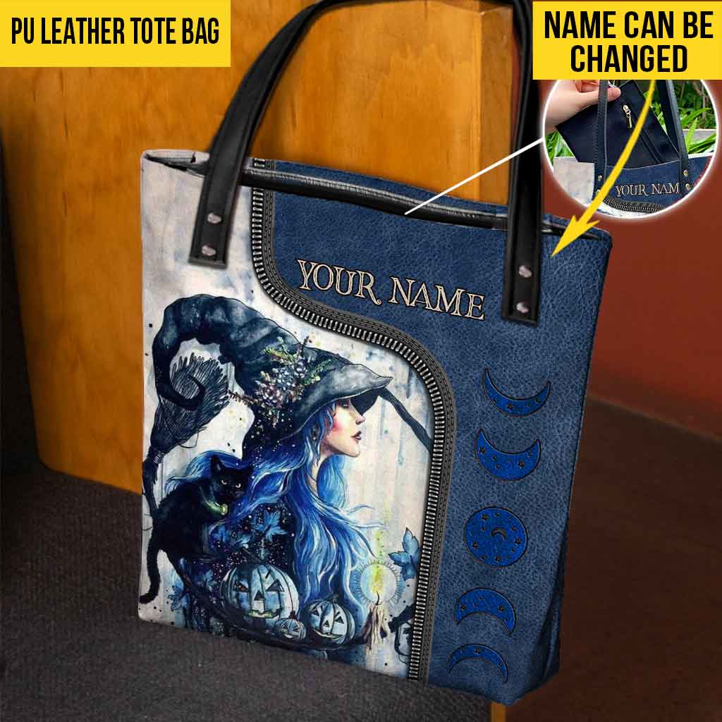 Blue Witch Black Cat Moon Phases Personalized Tote Bag