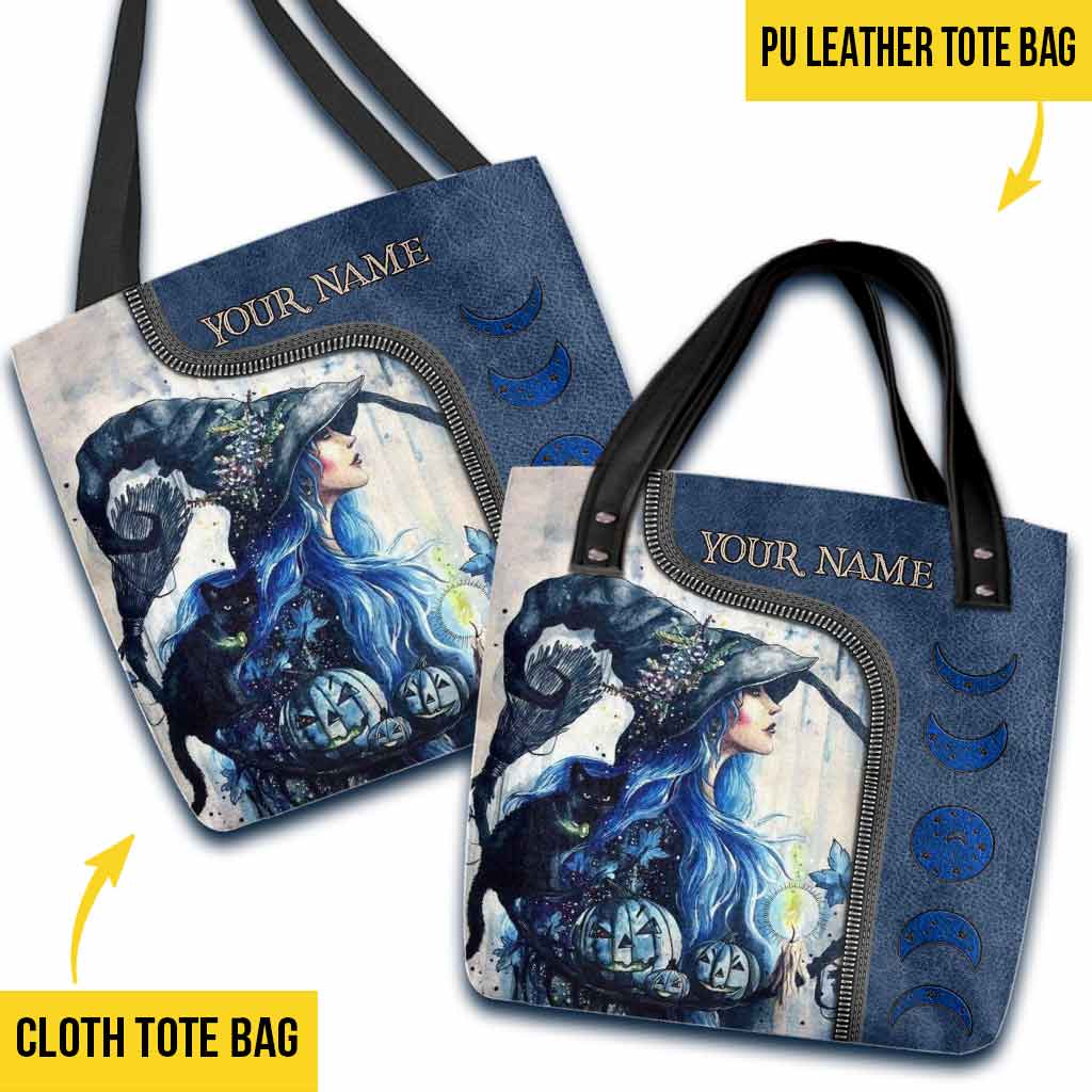 Blue Witch Black Cat Moon Phases Personalized Tote Bag