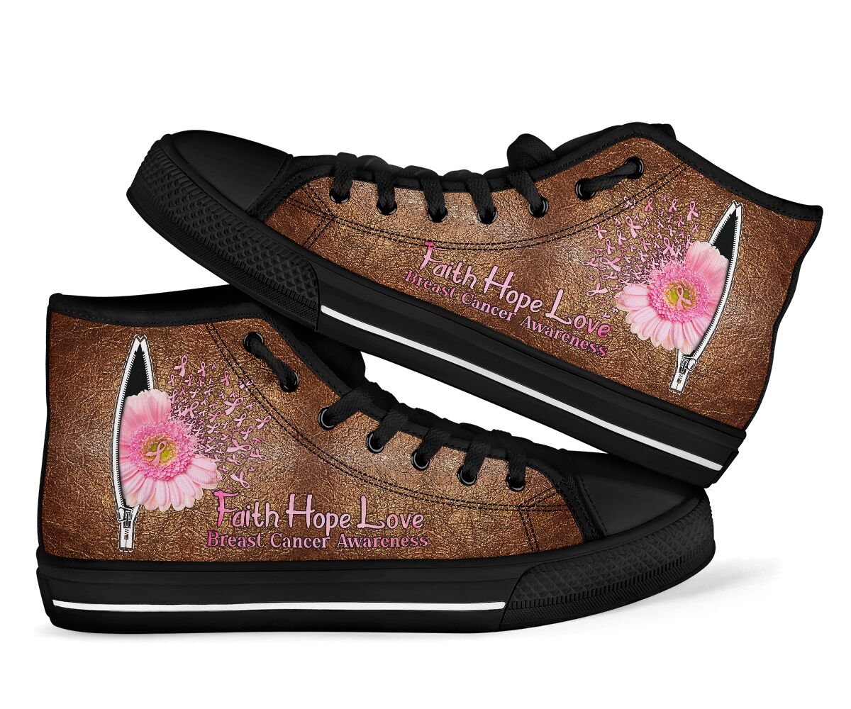 Faith Hope Love - Breast Cancer Awareness High Top Shoes With Leather Pattern Print 0622