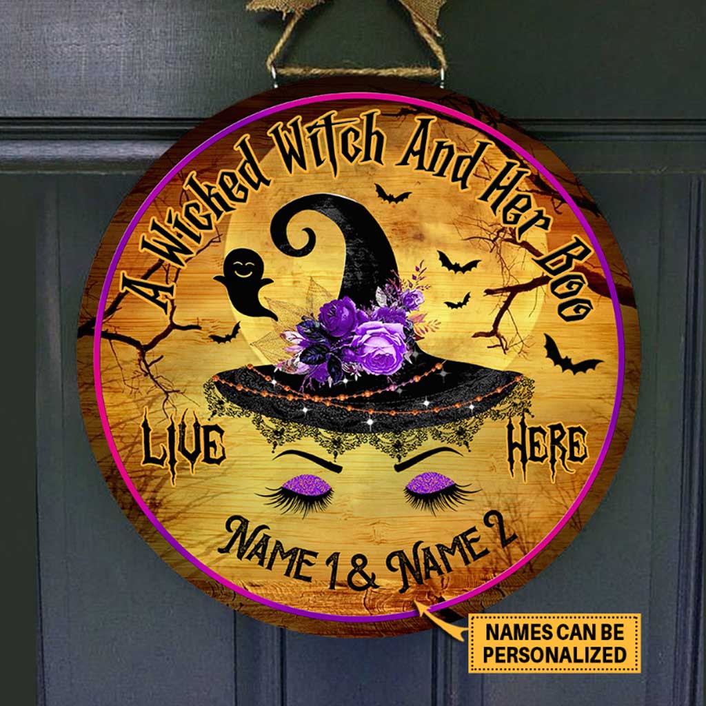 A Wicked Witch And Her Boo Live Here Personalized Round Wood Sign