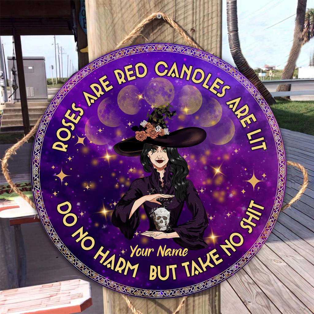 Roses Are Red Candles Are Lit - Personalized Witch Round Wood Sign