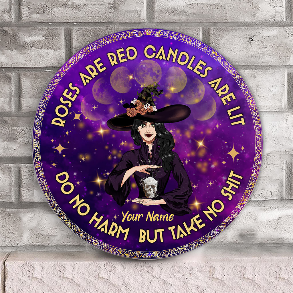 Roses Are Red Candles Are Lit - Personalized Witch Round Wood Sign