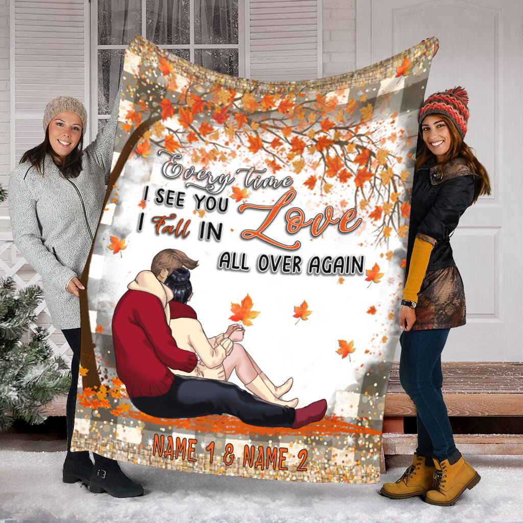 I Fall In Love All Over Again - Personalized Fall Couple Blanket