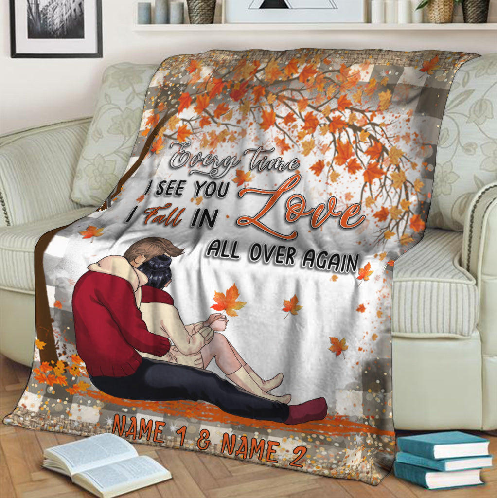 I Fall In Love All Over Again - Personalized Fall Couple Blanket
