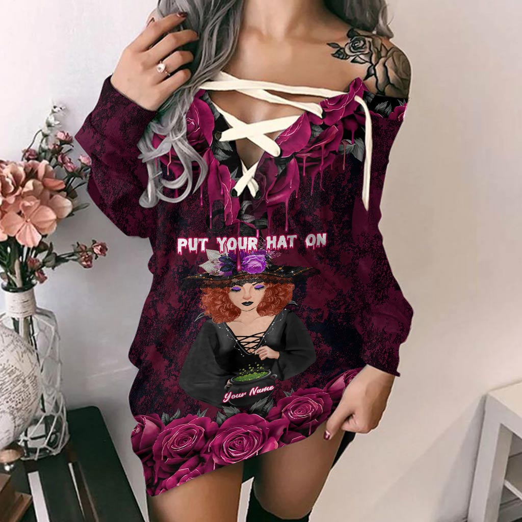 Put Your Hat On - Personalized Witch Off Shoulder Long Sleeve Dress