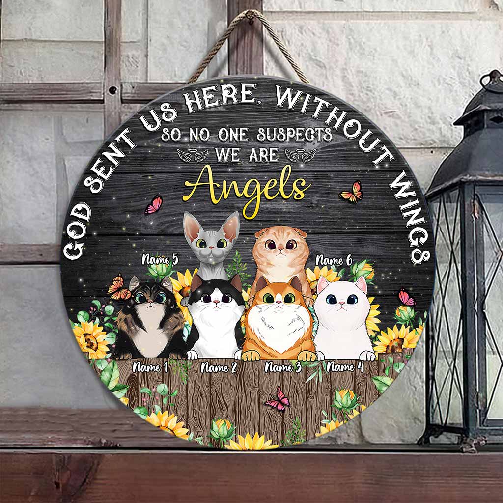 God Sent Us Without Wings - Personalized Cat Round Wood Sign