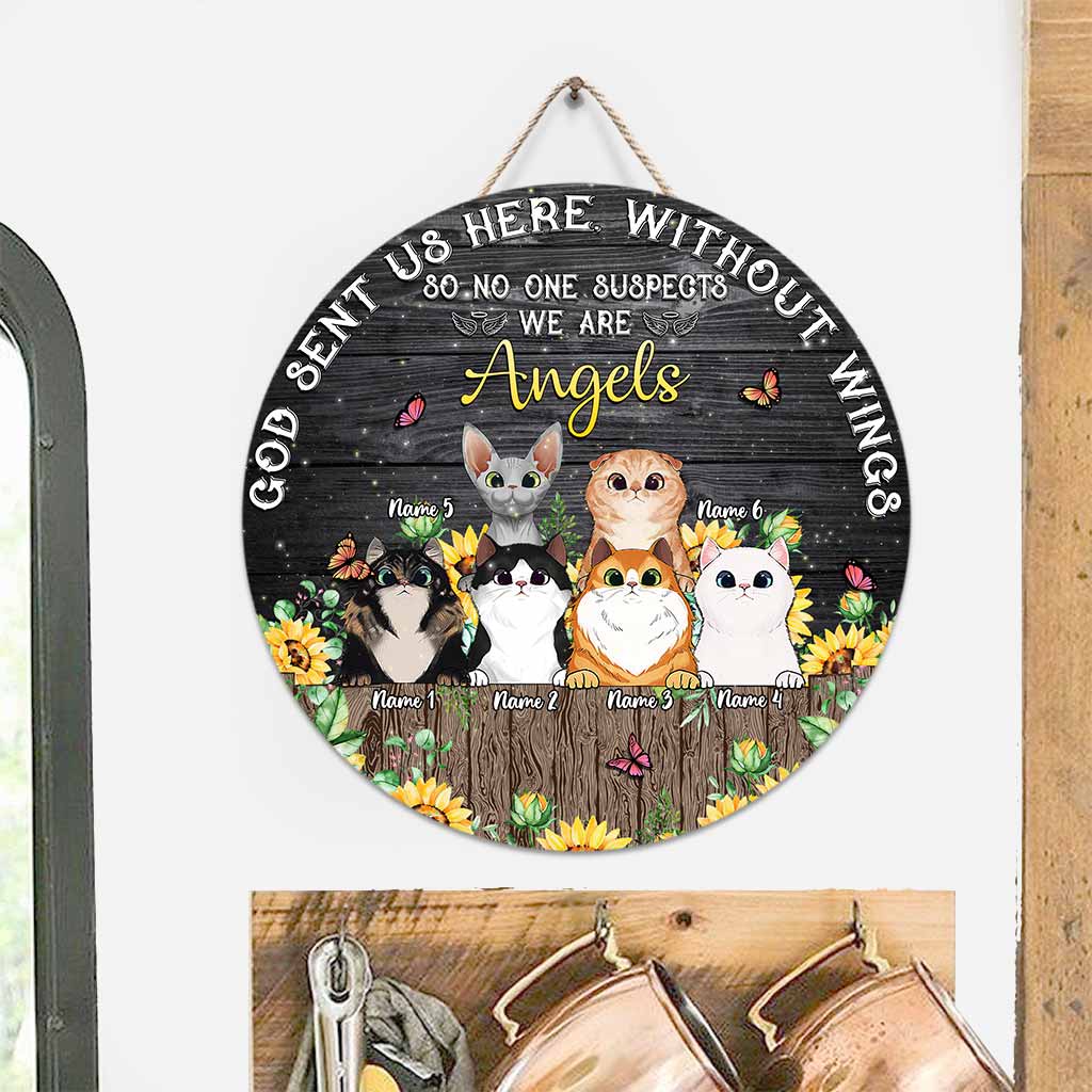 God Sent Us Without Wings - Personalized Cat Round Wood Sign