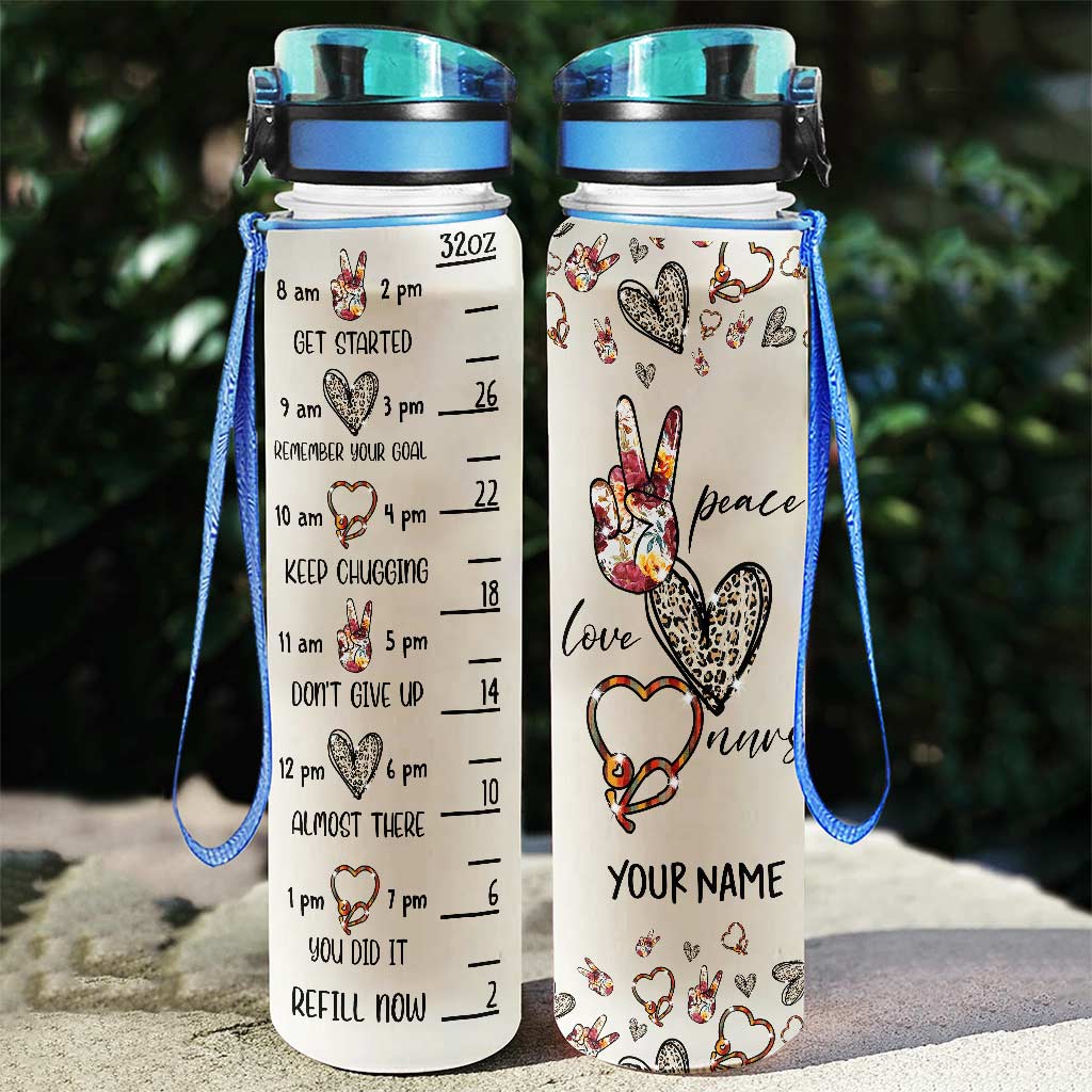 Peace Love Nurse - Personalized Nurse Water Tracker Bottle