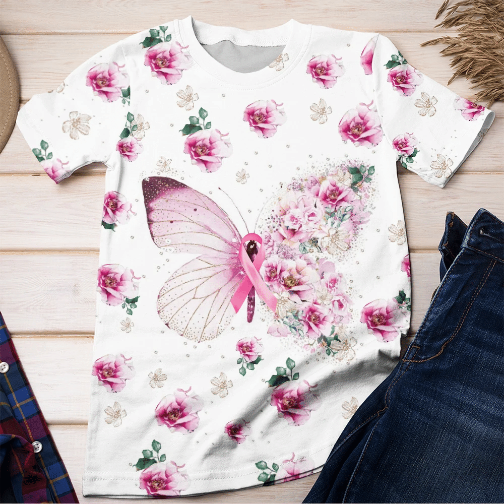 Butterfly Floral Breast Cancer - Breast Cancer Awareness All Over T-shirt and Hoodie 0822