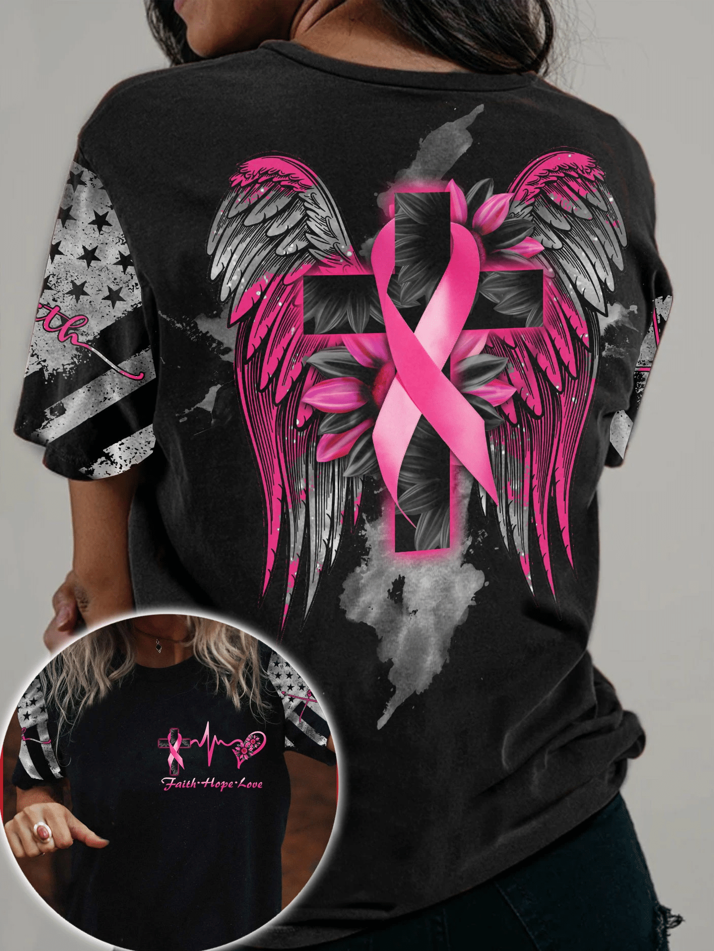 Cross Wing Sunflower Breast Cancer - Breast Cancer Awareness All Over T-shirt and Hoodie 0822