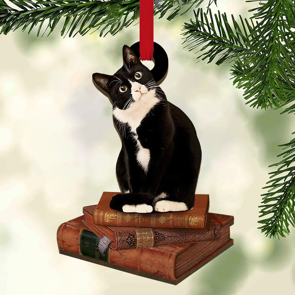 Tuxedo Cat With Books - Cat Ornament (Printed On Both Sides) 1122