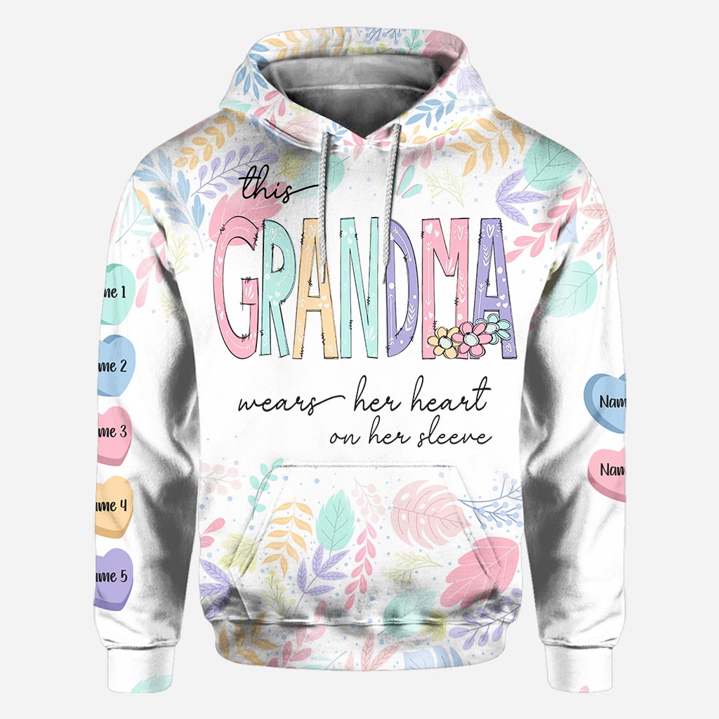This Grandma Wears Her Heart On Her Sleeve - Personalized Grandma All Over T-shirt And Hoodie