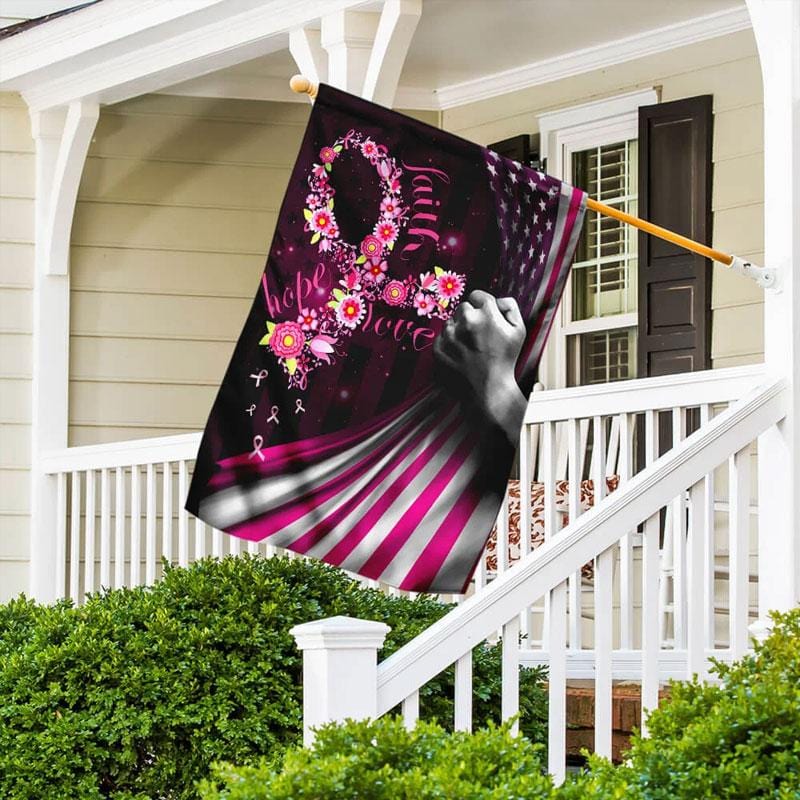 Faith Hope Love Pink Flower Ribbon - Breast Cancer Awareness House Flag 0822