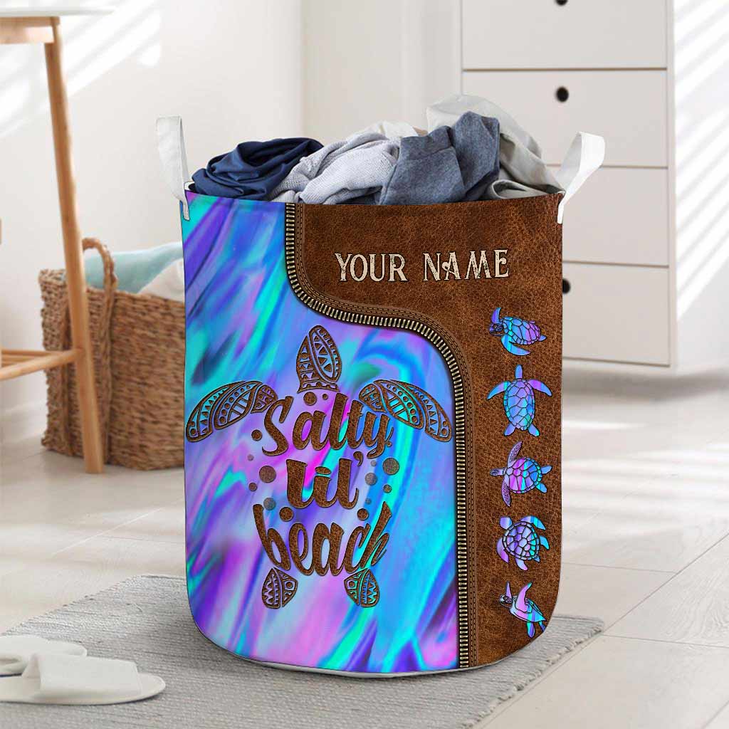 Salty Lil' Beach  - Turtle Personalized Leather Pattern Print Laundry Basket