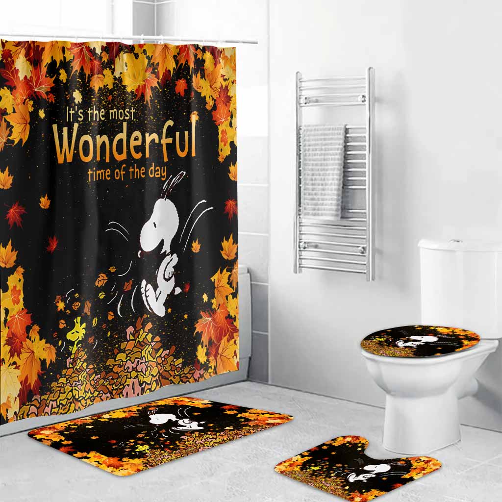 Most Wonderful Time Of The Day Autumn Leaf White Puppy - Fall Bathroom Curtain & Mats Set