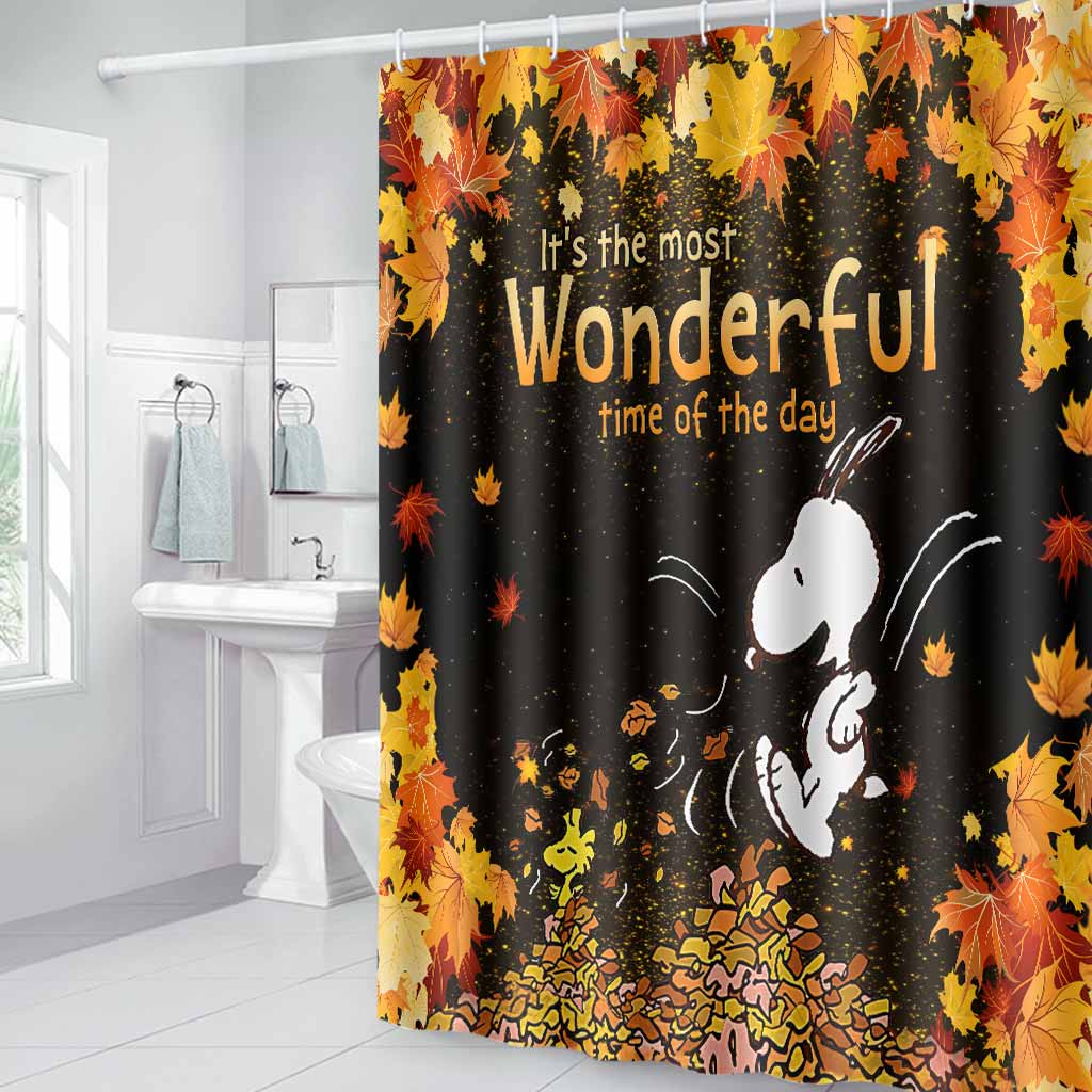 Most Wonderful Time Of The Day Autumn Leaf White Puppy - Fall Bathroom Curtain & Mats Set