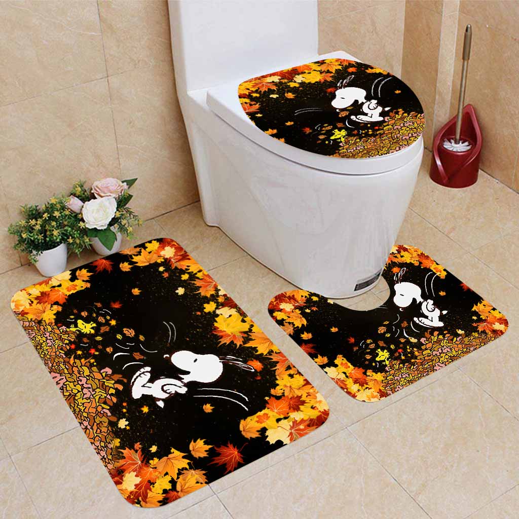 Most Wonderful Time Of The Day Autumn Leaf White Puppy - Fall Bathroom Curtain & Mats Set