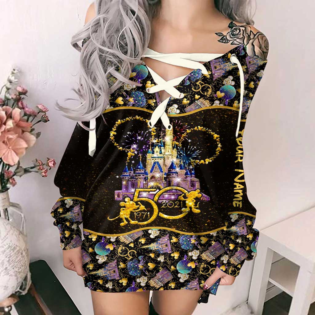 50 Years Of Magic - Personalized Mouse Off Shoulder Long Sleeve Dress