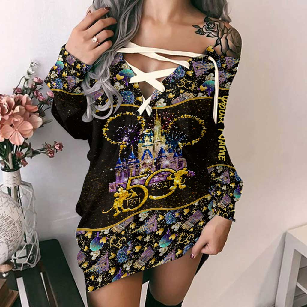 50 Years Of Magic - Personalized Mouse Off Shoulder Long Sleeve Dress