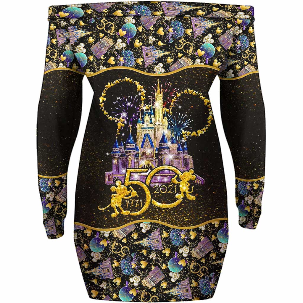 50 Years Of Magic - Personalized Mouse Off Shoulder Long Sleeve Dress