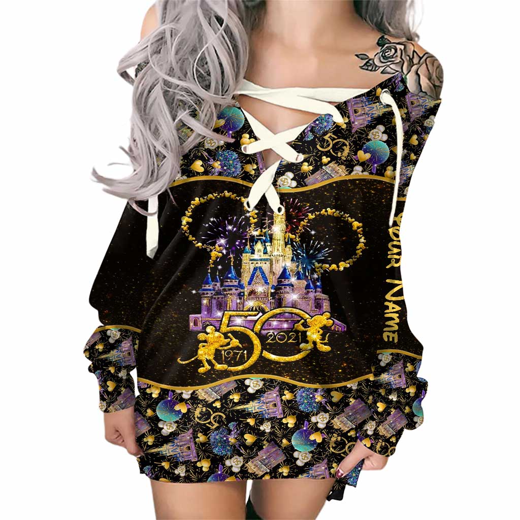 50 Years Of Magic - Personalized Mouse Off Shoulder Long Sleeve Dress