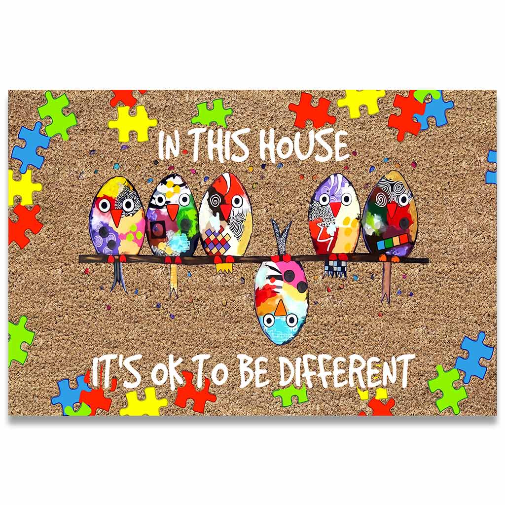 In This House It's Ok To Be Different - Autism Awareness Coir Pattern Print Doormat