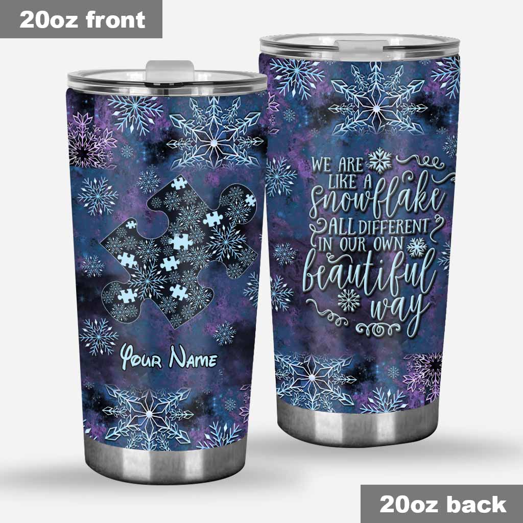We Are Like Snowflakes Blue Purple Snowflakes - Personalized Christmas Autism Awareness Tumbler