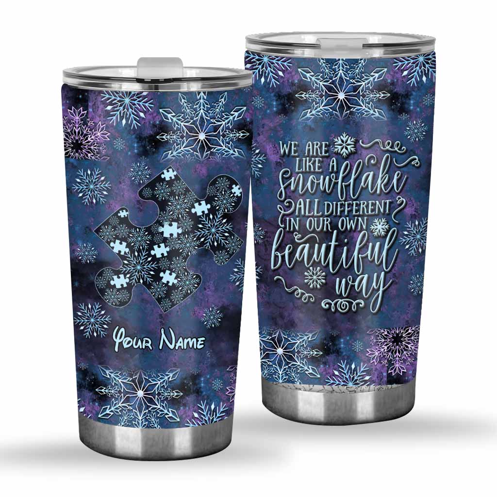 We Are Like Snowflakes Blue Purple Snowflakes - Personalized Christmas Autism Awareness Tumbler