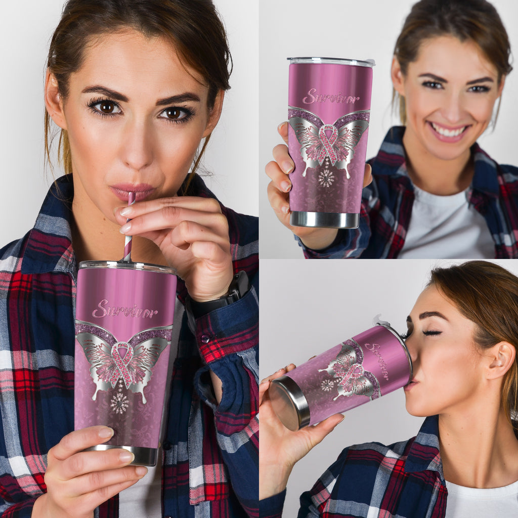 Survivor - Breast Cancer Awareness Tumbler With Metal Pattern Print 0622