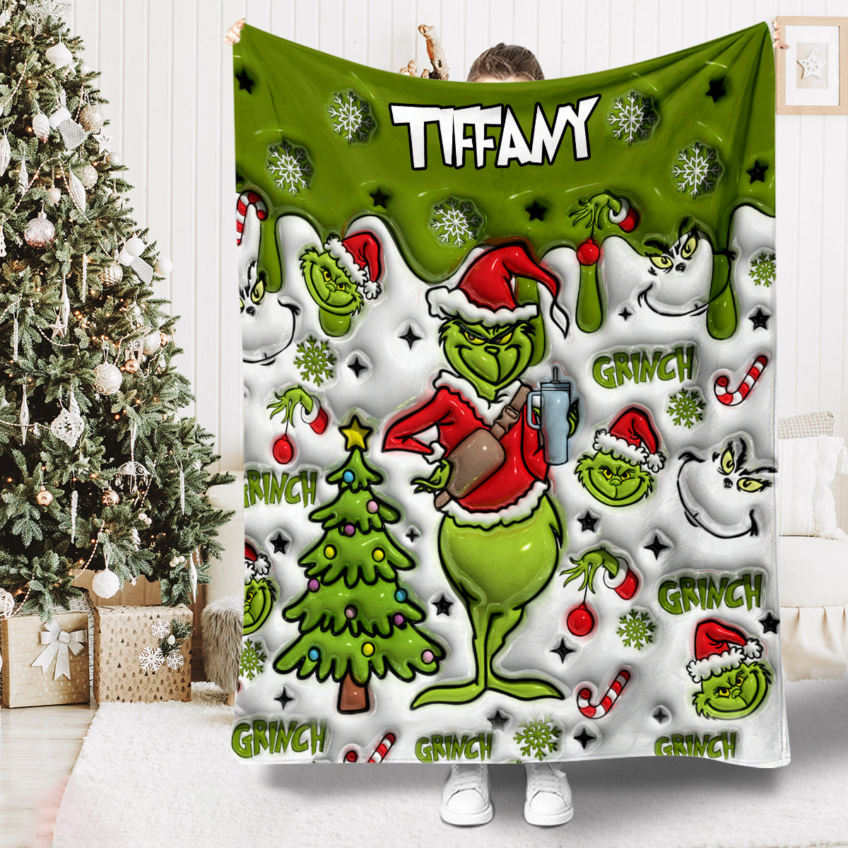 Any Name Green Snowflakes - Personalized Blanket