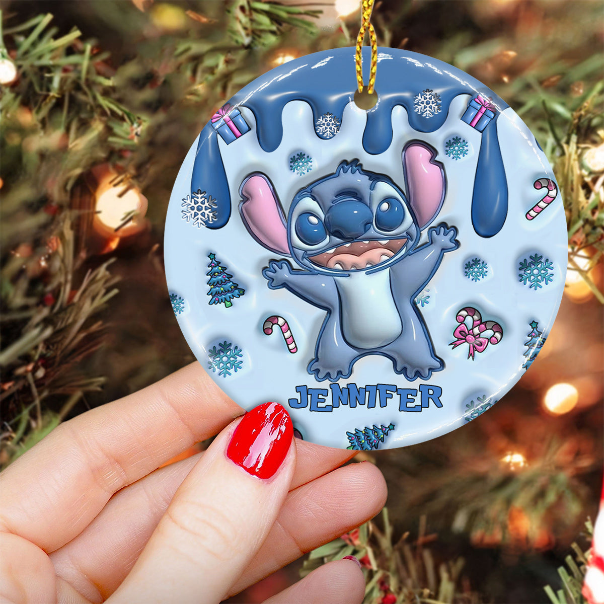 Blue Ohana Merry Christmas - Personalized Ohana Ceramic Circle Ornament