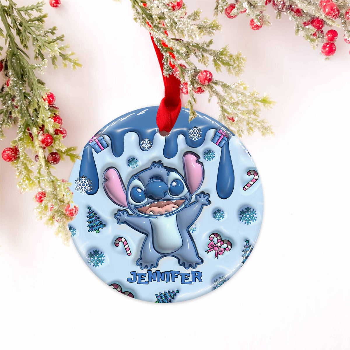 Blue Ohana Merry Christmas - Personalized Ohana Ceramic Circle Ornament