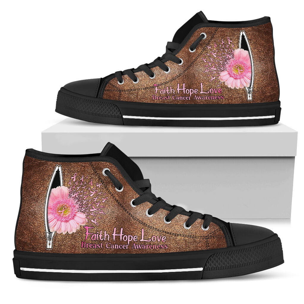 Faith Hope Love - Breast Cancer Awareness High Top Shoes With Leather Pattern Print 0622