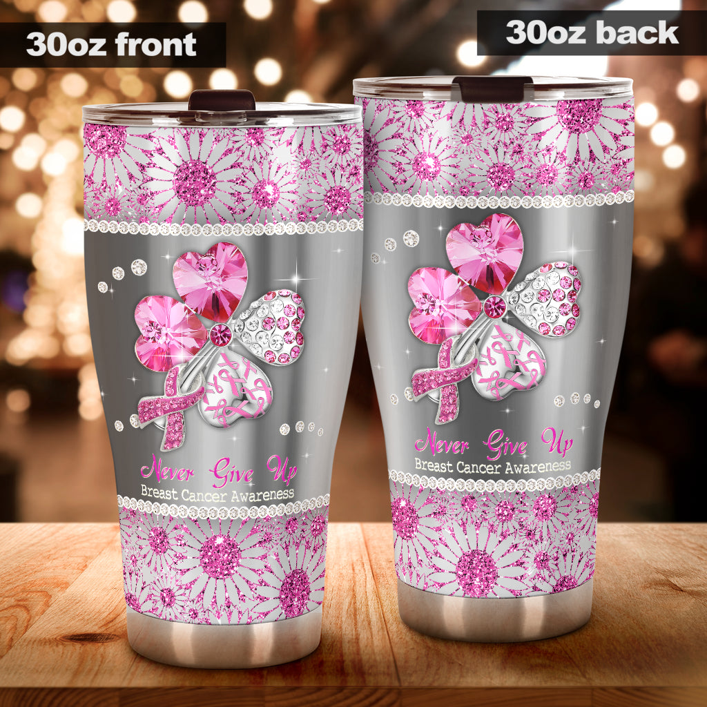 Never Give Up Rhinestone Pattern Print Breast Cancer Awareness Tumbler 0622