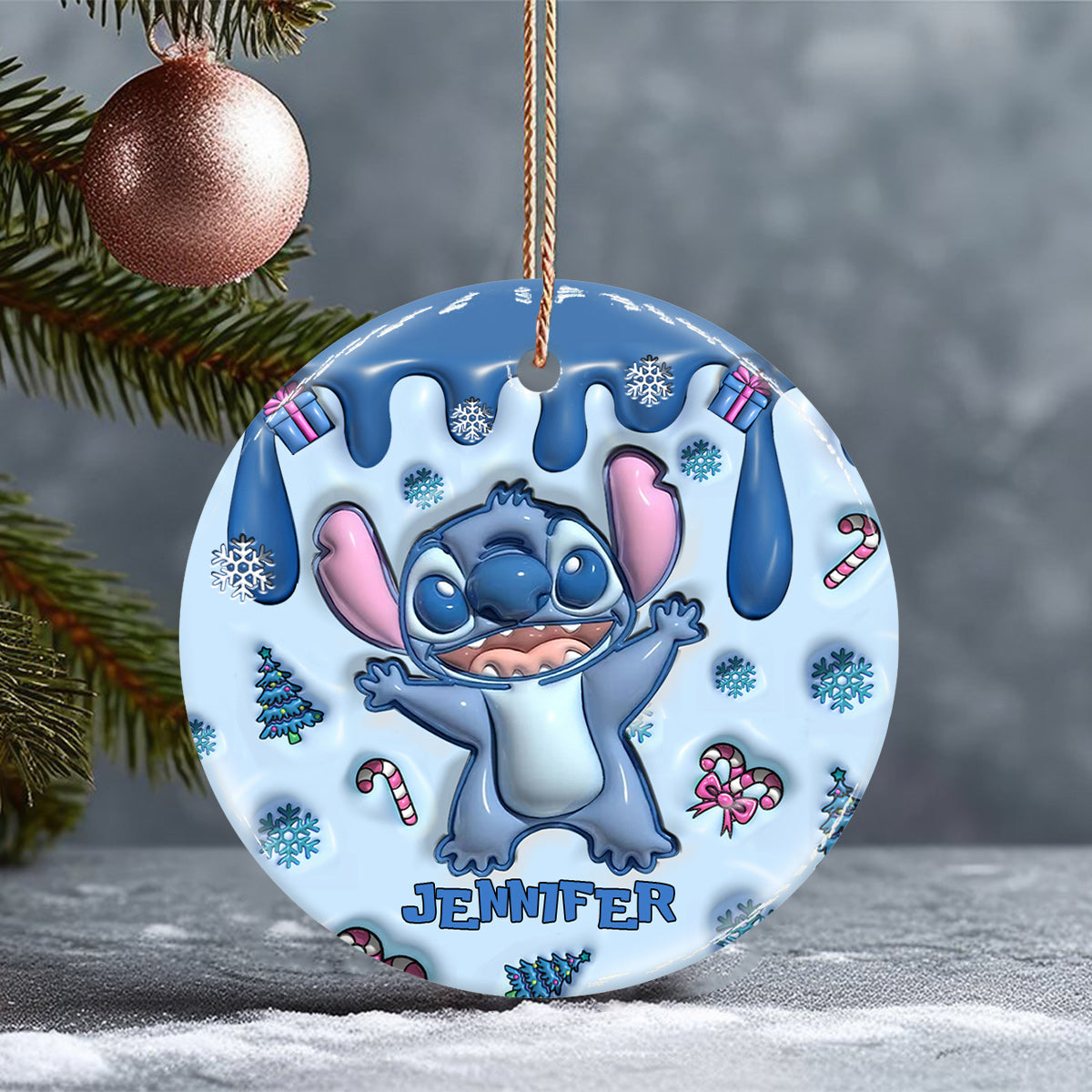 Blue Ohana Merry Christmas - Personalized Ohana Ceramic Circle Ornament