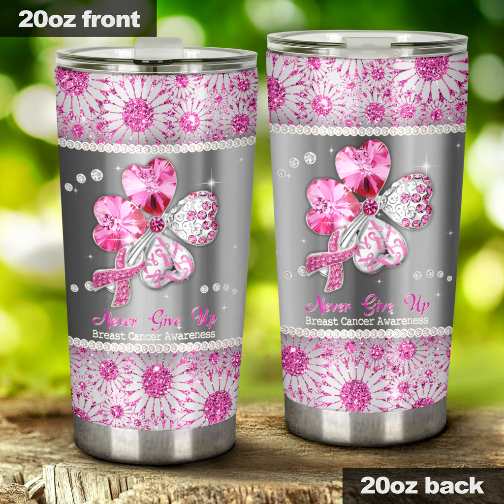 Never Give Up Rhinestone Pattern Print Breast Cancer Awareness Tumbler 0622