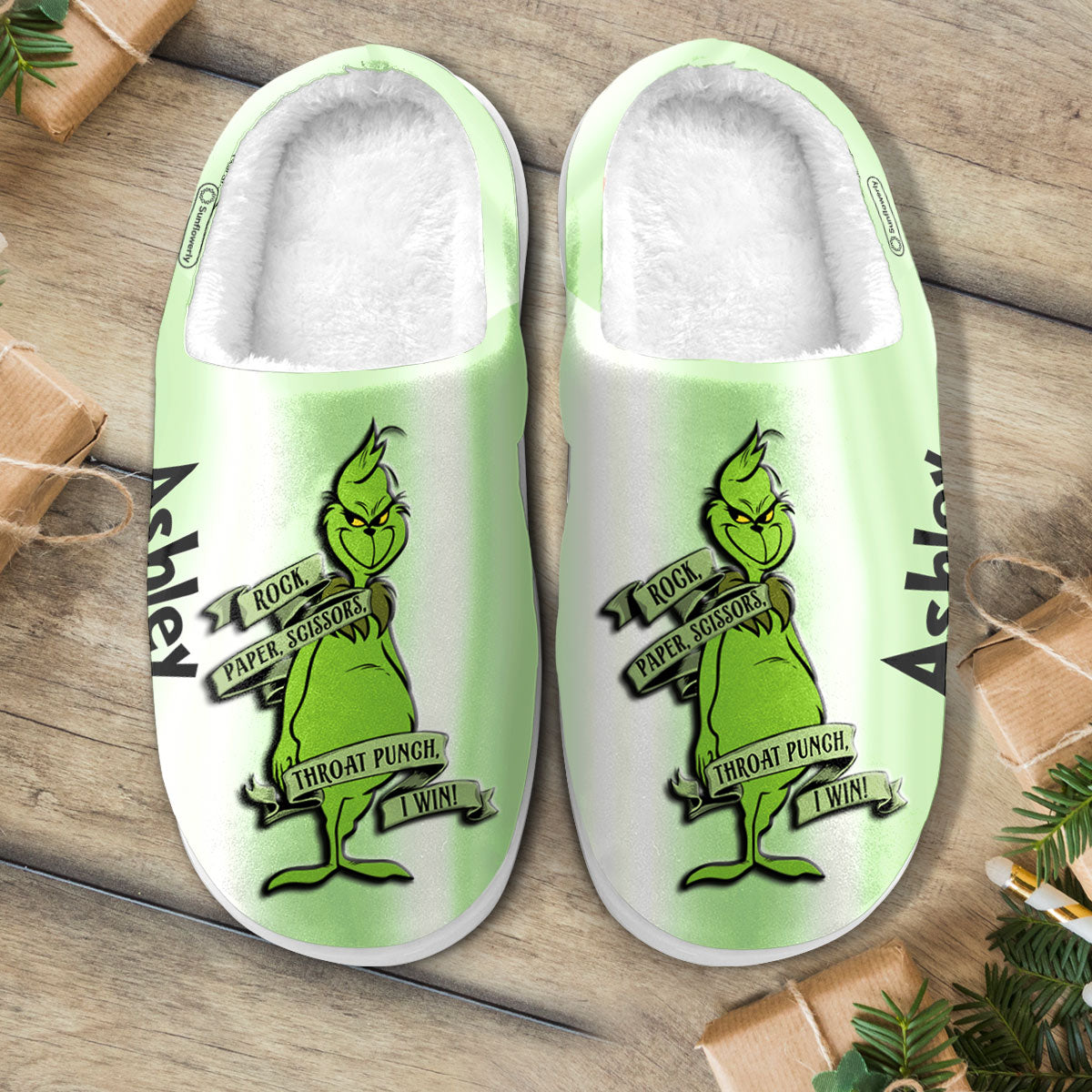 Rock Paper Throat Punch - Personalized Stole Christmas Slippers