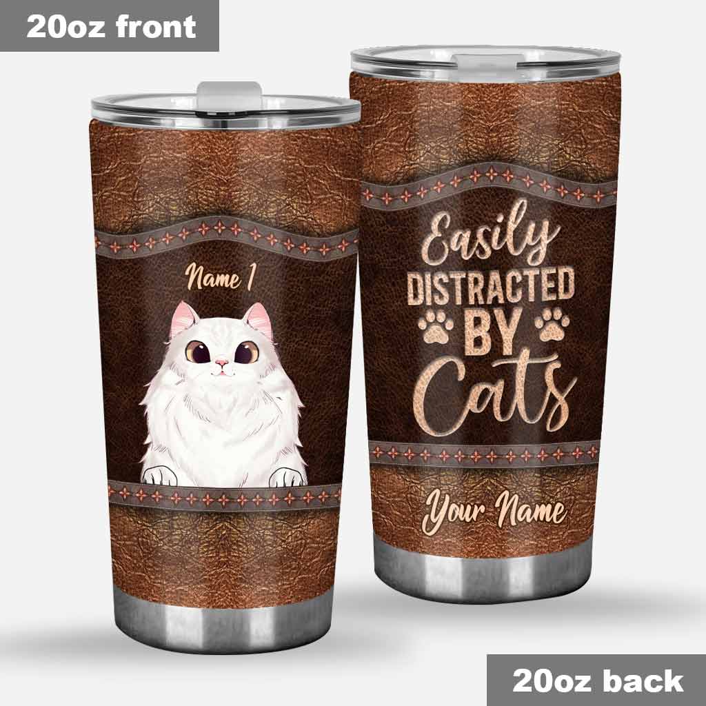 Love Cats - Personalized Cat Tumbler With Leather Pattern Print