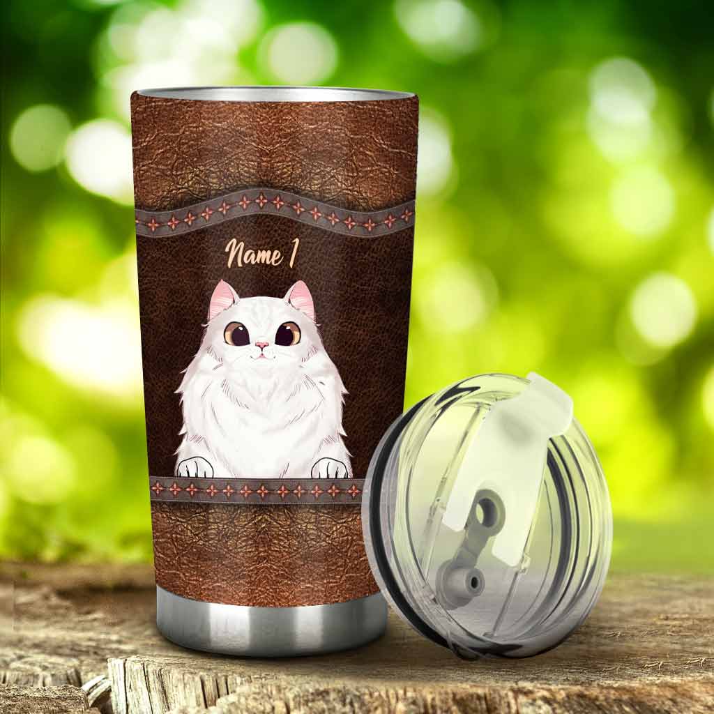 Love Cats - Personalized Cat Tumbler With Leather Pattern Print