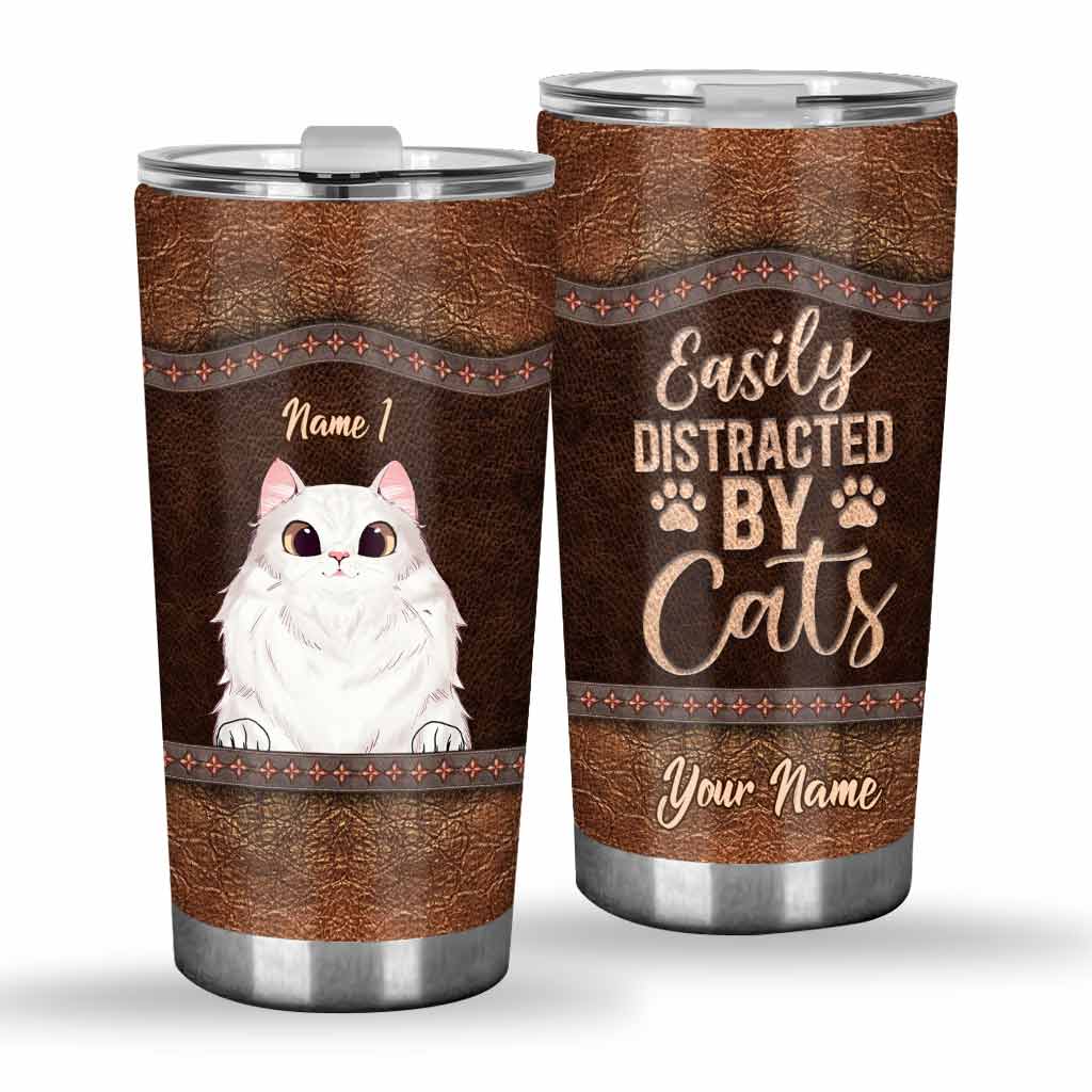 Love Cats - Personalized Cat Tumbler With Leather Pattern Print